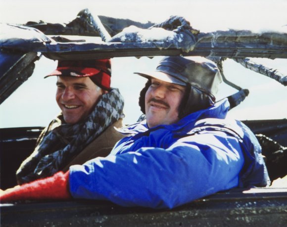 Steve Martin and John Candy on the set of Planes, Trains and Automobiles.