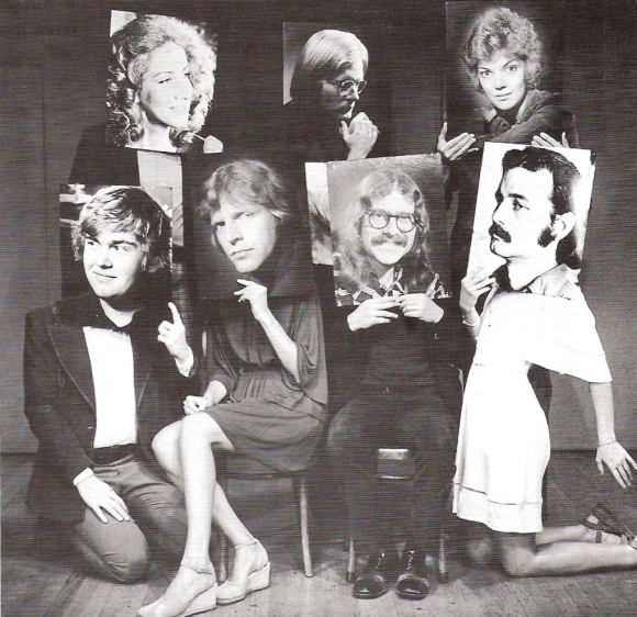 Picture faces of Second City cast members (from left to right): John Candy, Betty Thomas, David Rasche, Jim Staahl, Tino Insana, Ann Ryerson, and Bill Murray.